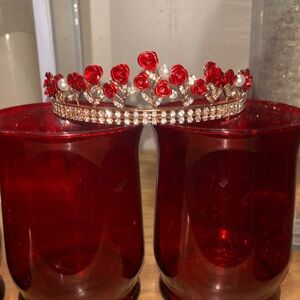 Red Rose Tiara with Pearls and Rhinestones